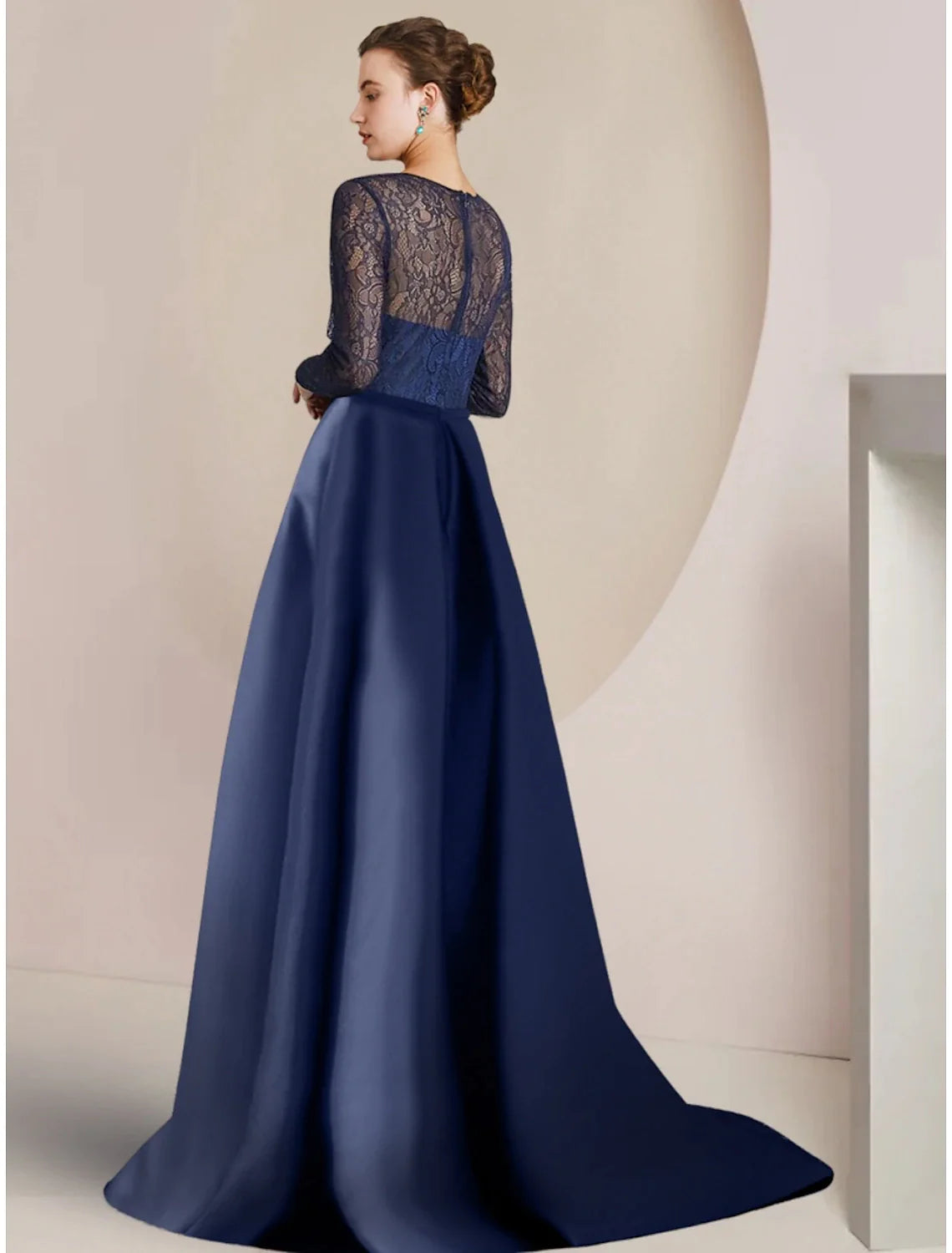 Wholesale A-Line Mother of the Bride Dress Wedding Guest Party Elegant Jewel Neck Sweep / Brush Train Lace Long Sleeve with Ruching Solid Color